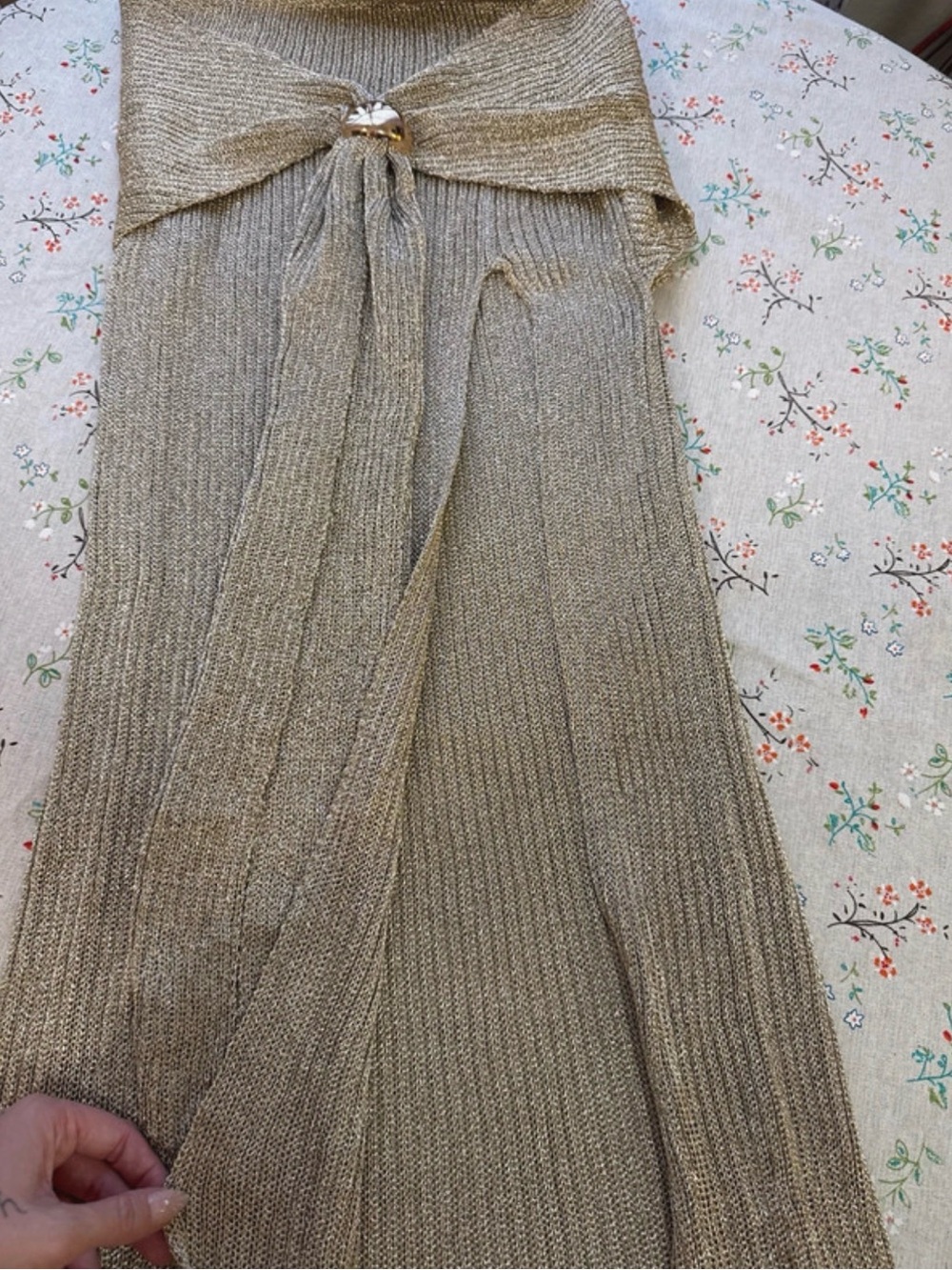 JLUXLABEL Gold Metallic Ribbed Maxi Dress with Front Tie and Jewel - Picture 3 of 8